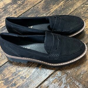 Jellypop Black Suede Penny Loafers with Lug Sole